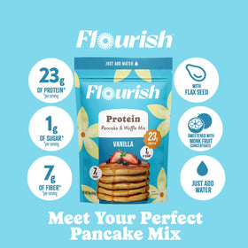 Flourish waffles vanilla cooked image suggests versatile, high-protein meals.