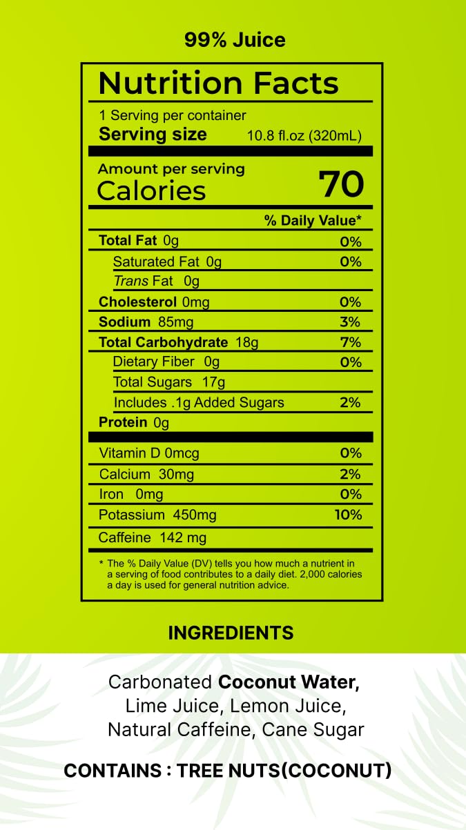Flova nutrition facts highlighting caffeine and electrolytes at a glance