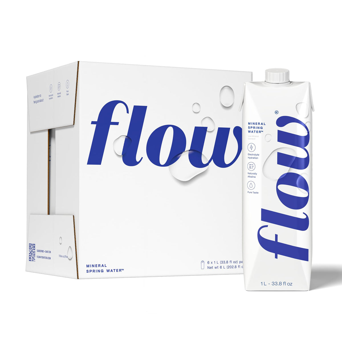 Flow Alkaline Spring Water 1L bottle in pack shows mineral-rich hydration potential.