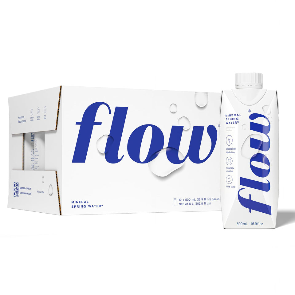 Flow Alkaline Spring Water bottle showing natural minerals for balanced hydration.
