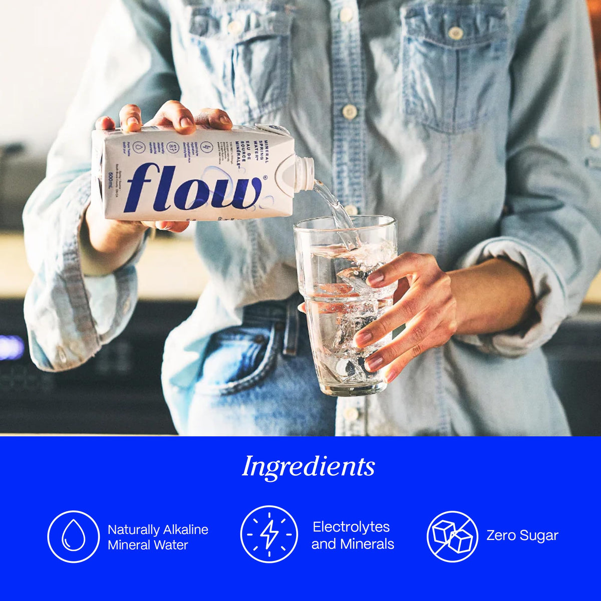 Flow eco-packaging with plant-based cap highlights sustainable hydration choice.
