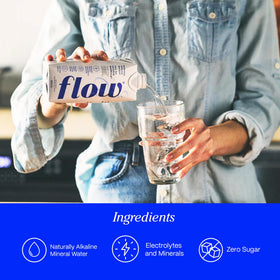 Flow eco-packaging with plant-based cap highlights sustainable hydration choice.