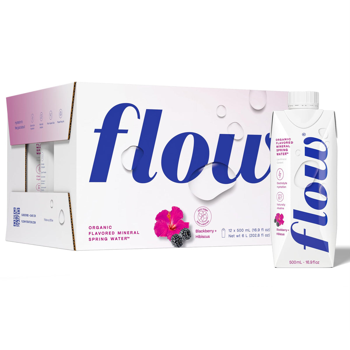 Flow Mineral Spring Water with blackberry and hibiscus poured into a glass for refreshing hydration.