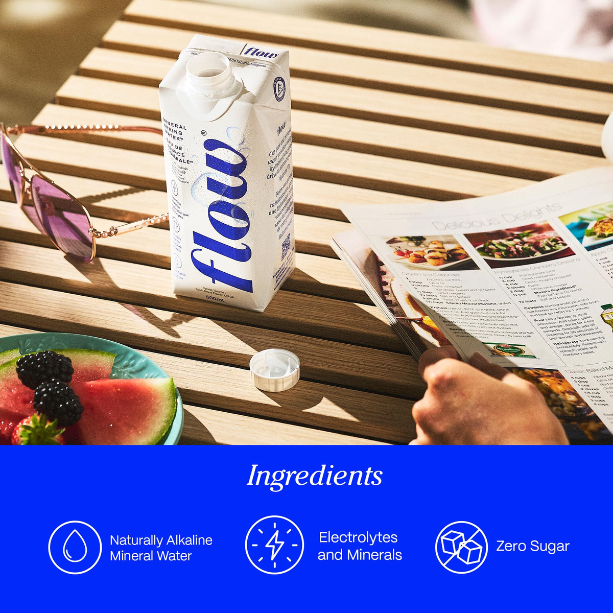 Flow bottle label highlights organic blackberry hibiscus flavor and sustainability.