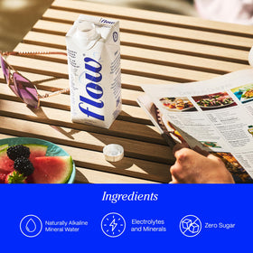Flow bottle label highlights organic blackberry hibiscus flavor and sustainability.