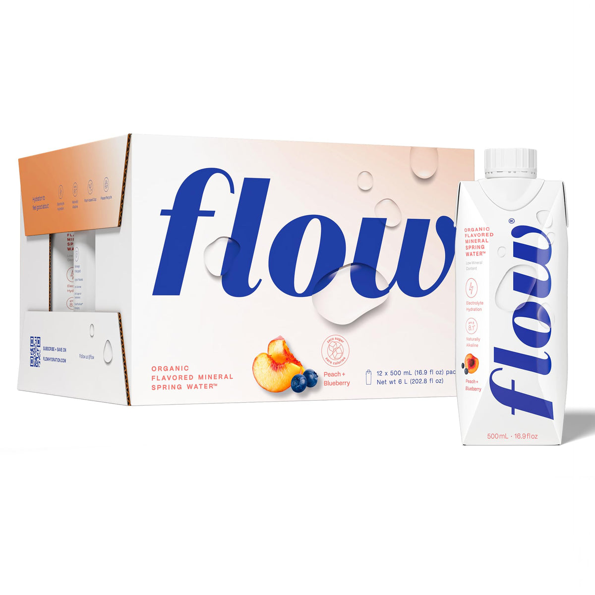 Flow mineral spring water bottle pours, showing crisp hydration with balanced minerals.