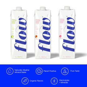 Flow Mineral Water 12-pack front emphasizes eco-friendly packaging