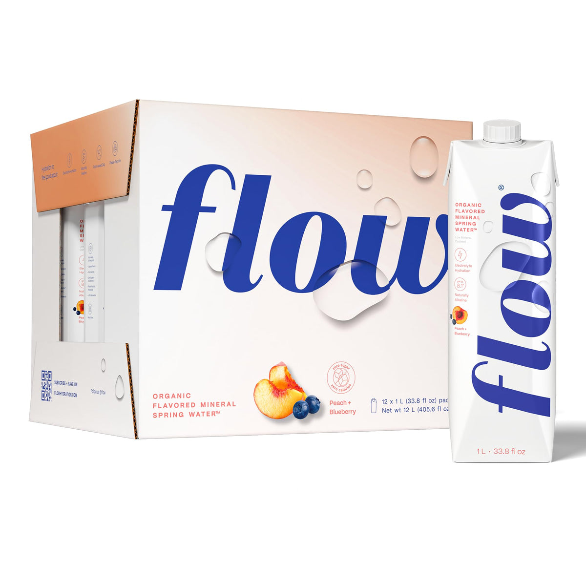 Flow Mineral Water peach-blueberry bottle offers naturally alkaline hydration for daily refreshment