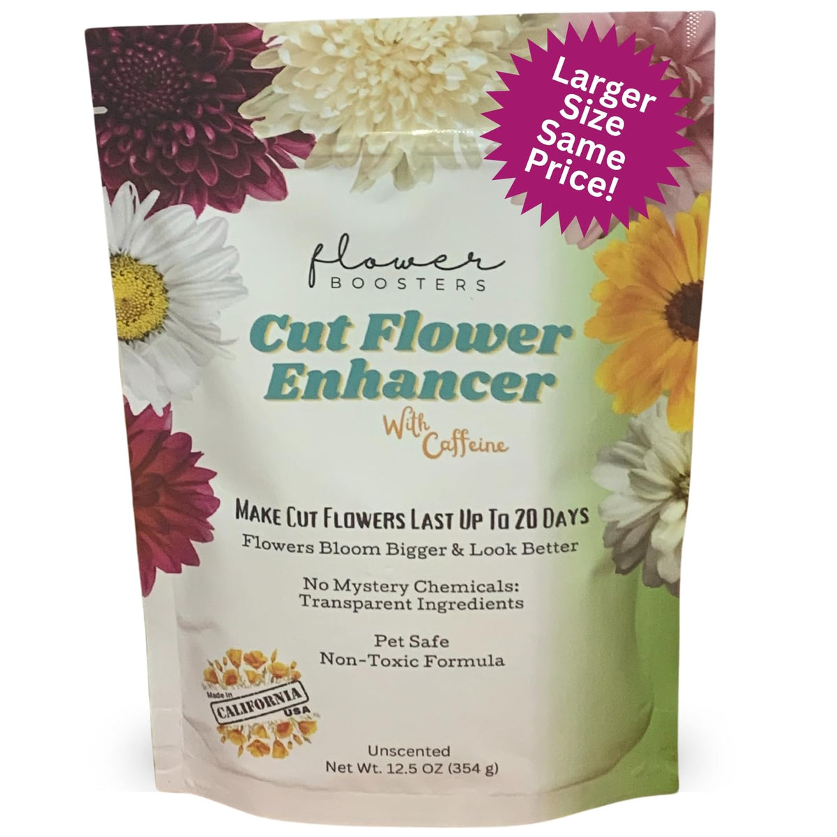Flower Boosters fresh-cut flower food bottle poured to extend vase life.