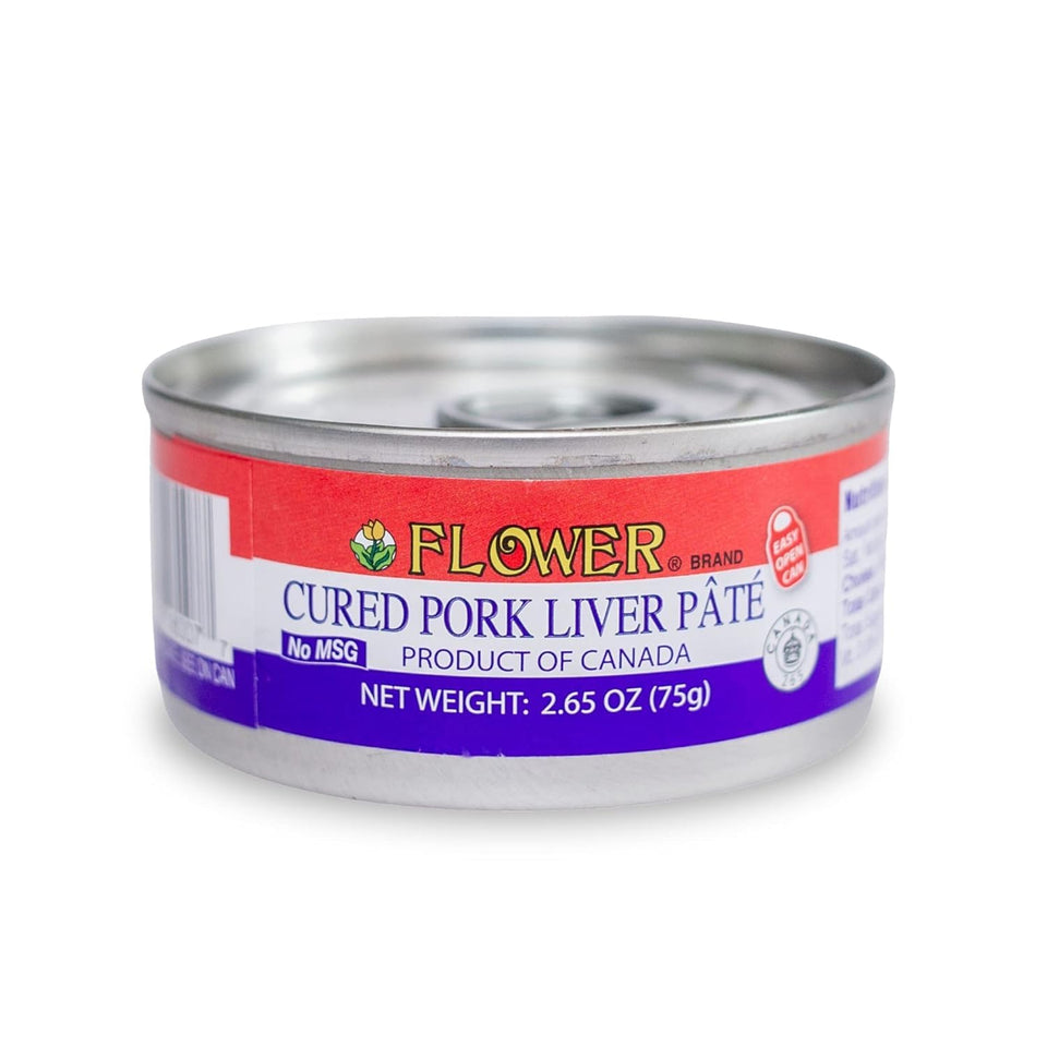 Flower brand cured pork liver pate jar — creamy spread ideal for elegant appetizers.
