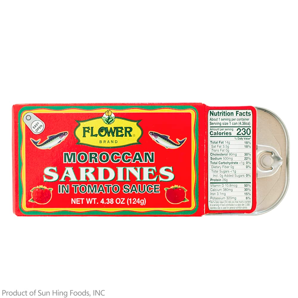 Flower Brand sardines in tomato sauce on shelf, flavorful, ready to pair with meals