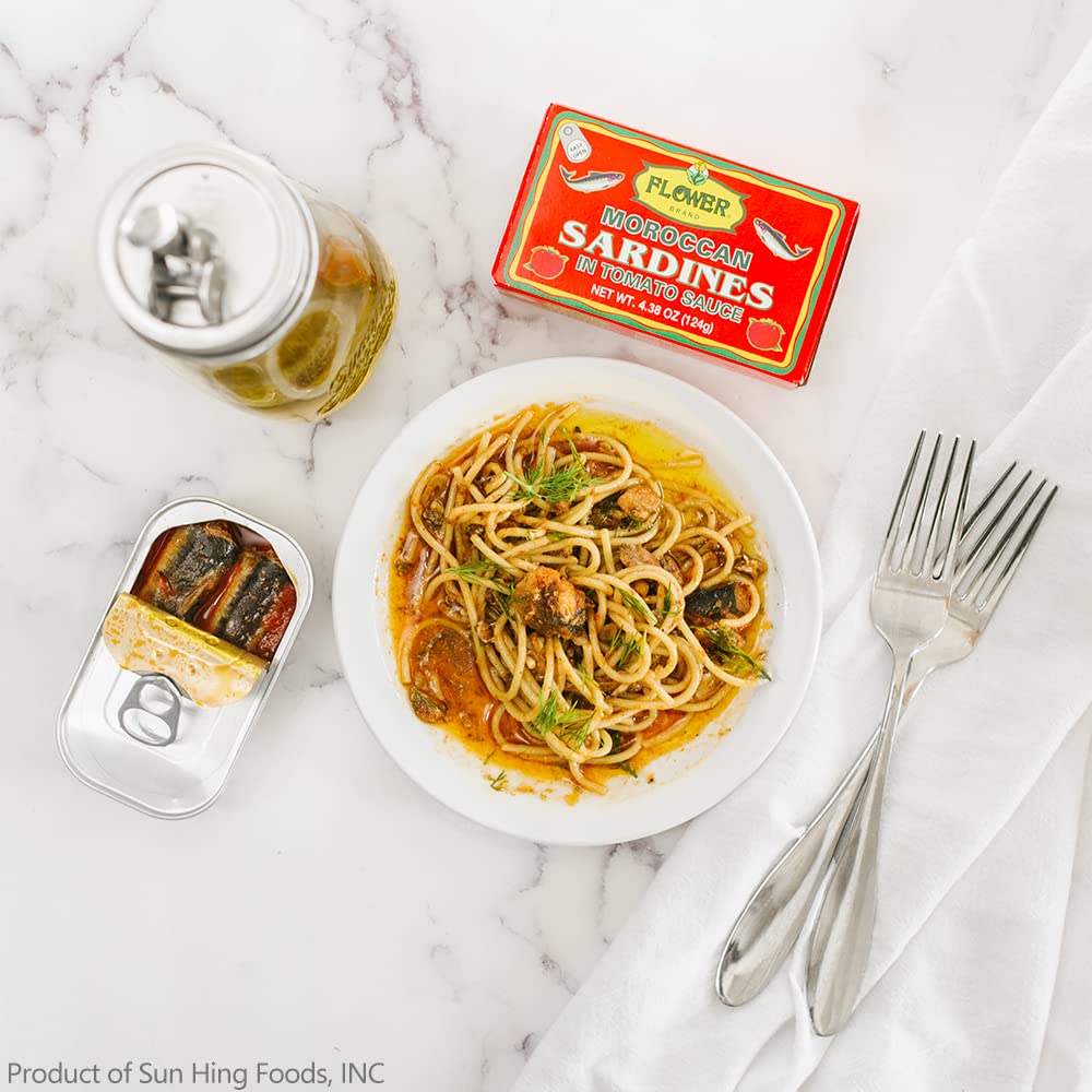 Flower Brand wild sardines in tomato sauce, open can showing glossy fillets