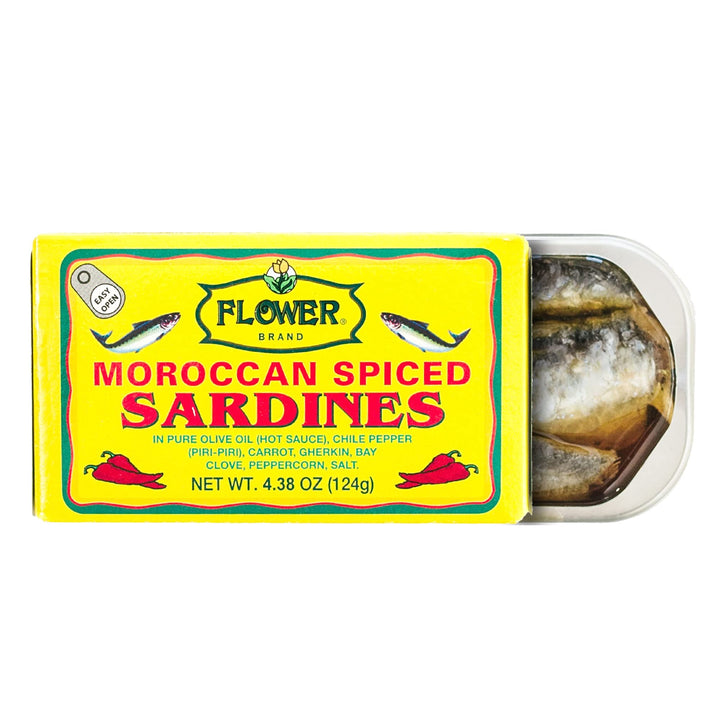 Flower Spiced Sardines in Olive Oil pack highlights omega-3 and protein