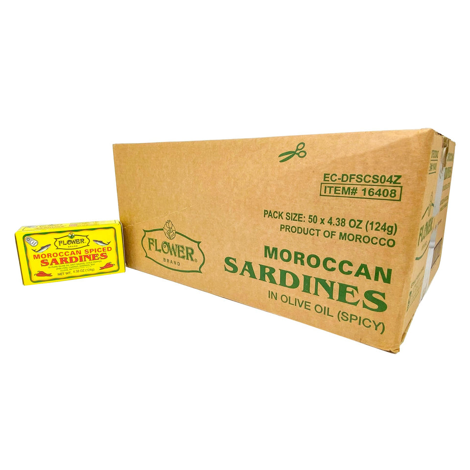 Flower Spiced Sardines in Olive Oil packshot; protein-rich, keto-friendly snack.