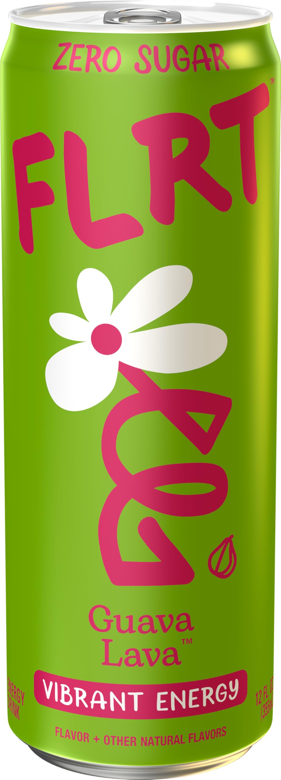 Close-up of a FLRT Guava Lava can, sugar-free energy boost in a can.