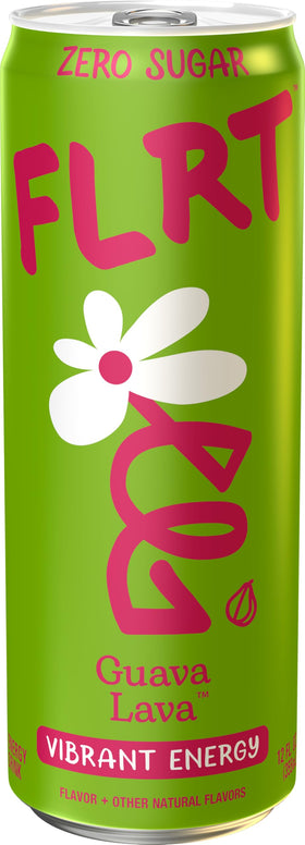 Close-up of a FLRT Guava Lava can, sugar-free energy boost in a can.