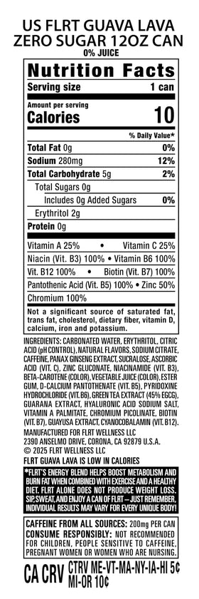 FLRT Guava Lava label shows 200 mg caffeine for alert focus.