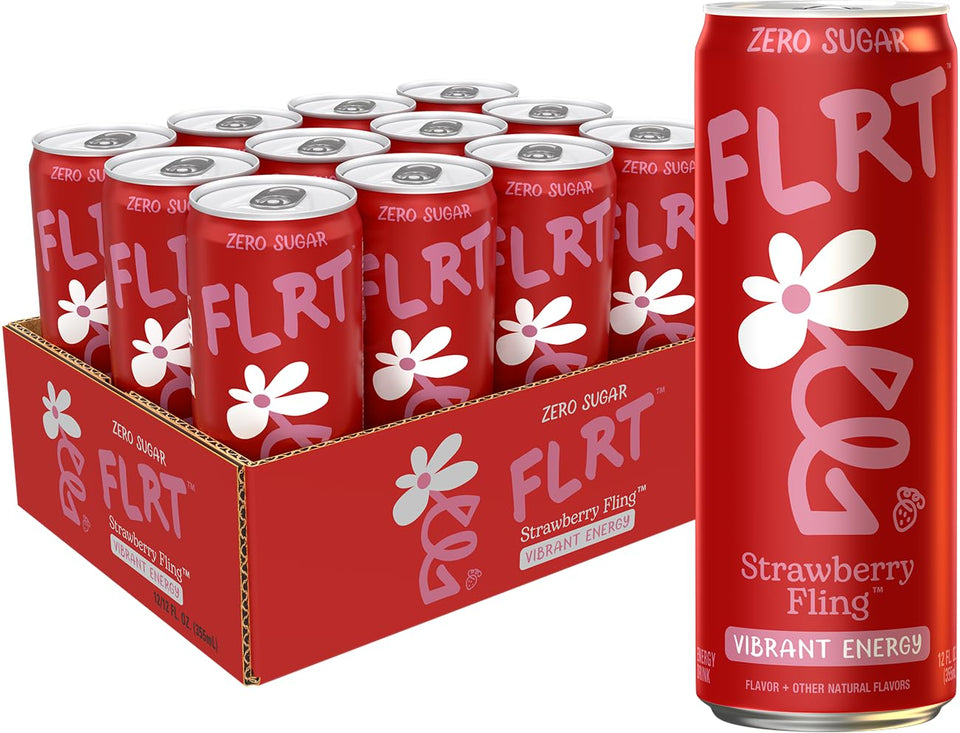 FLRT Energy Strawberry Fling can front view shows bold flavor and a clean energy boost.