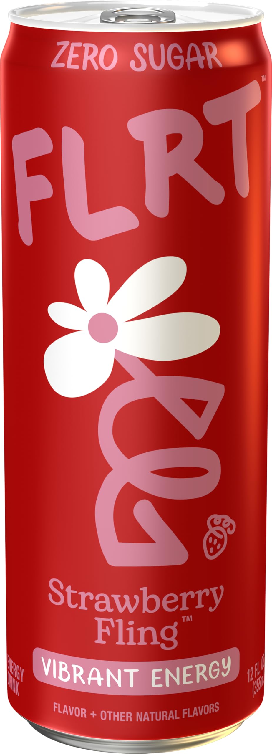 FLRT Energy Strawberry Fling can side view highlights zero sugar and low calories.