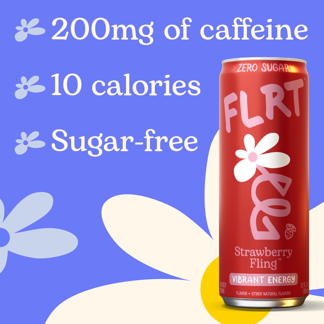 FLRT Energy Strawberry Fling packaging shows a convenient 12-pack for on-the-go energy.