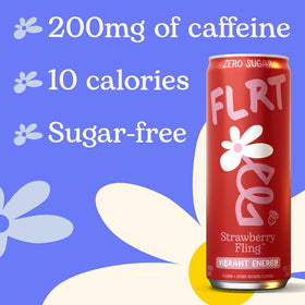 FLRT Energy Strawberry Fling packaging shows a convenient 12-pack for on-the-go energy.