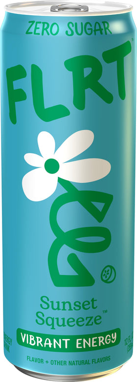 FLRT Sunset Squeeze can side view showing sugar-free, gluten-free formula for clean energy.
