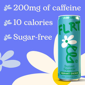 FLRT Sunset Squeeze packaging display emphasizes on-the-go energy for adventures.