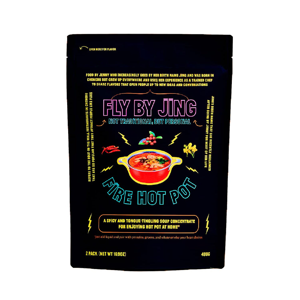 Fly By Jing Fire Hot Pot Base packaging highlights vegan, MSG-free mix for dinners.