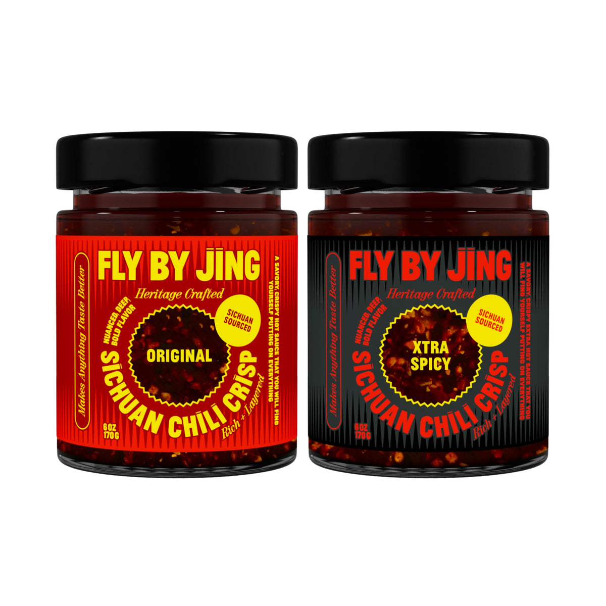 FlyByJing Original Sichuan Chili Crisp bottle highlighting crispy garlic for noodles.