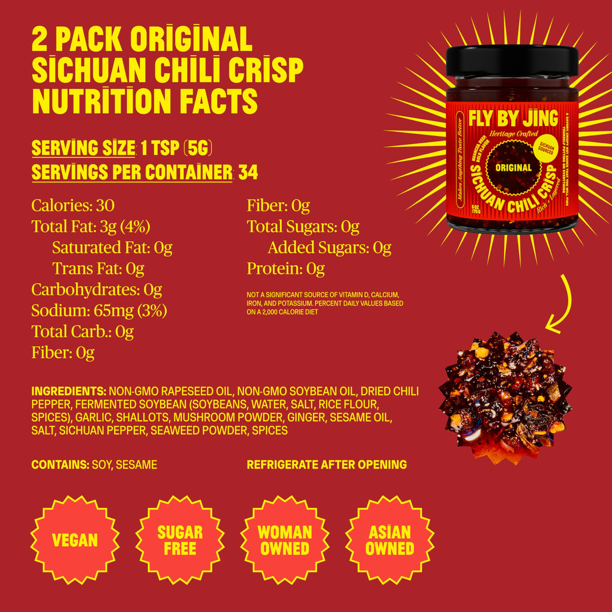 FlyByJing vegan, sugar-free sauce suits plant-based meals with bold heat.