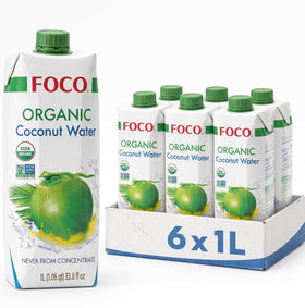 FOCO coconut water bottle pack on shelf showing USDA Organic certification