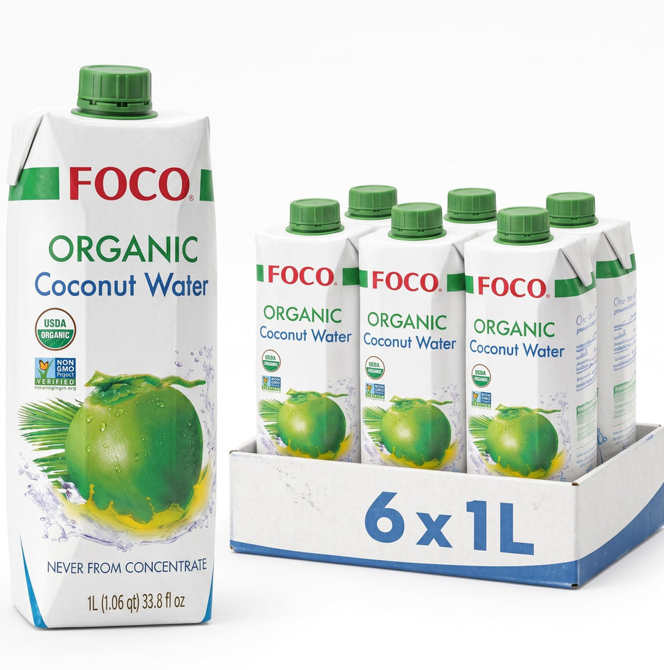 FOCO coconut water bottle pack on shelf showing USDA Organic certification