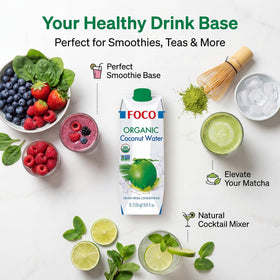 FOCO coconut water in a glass with ice for a refreshing drink