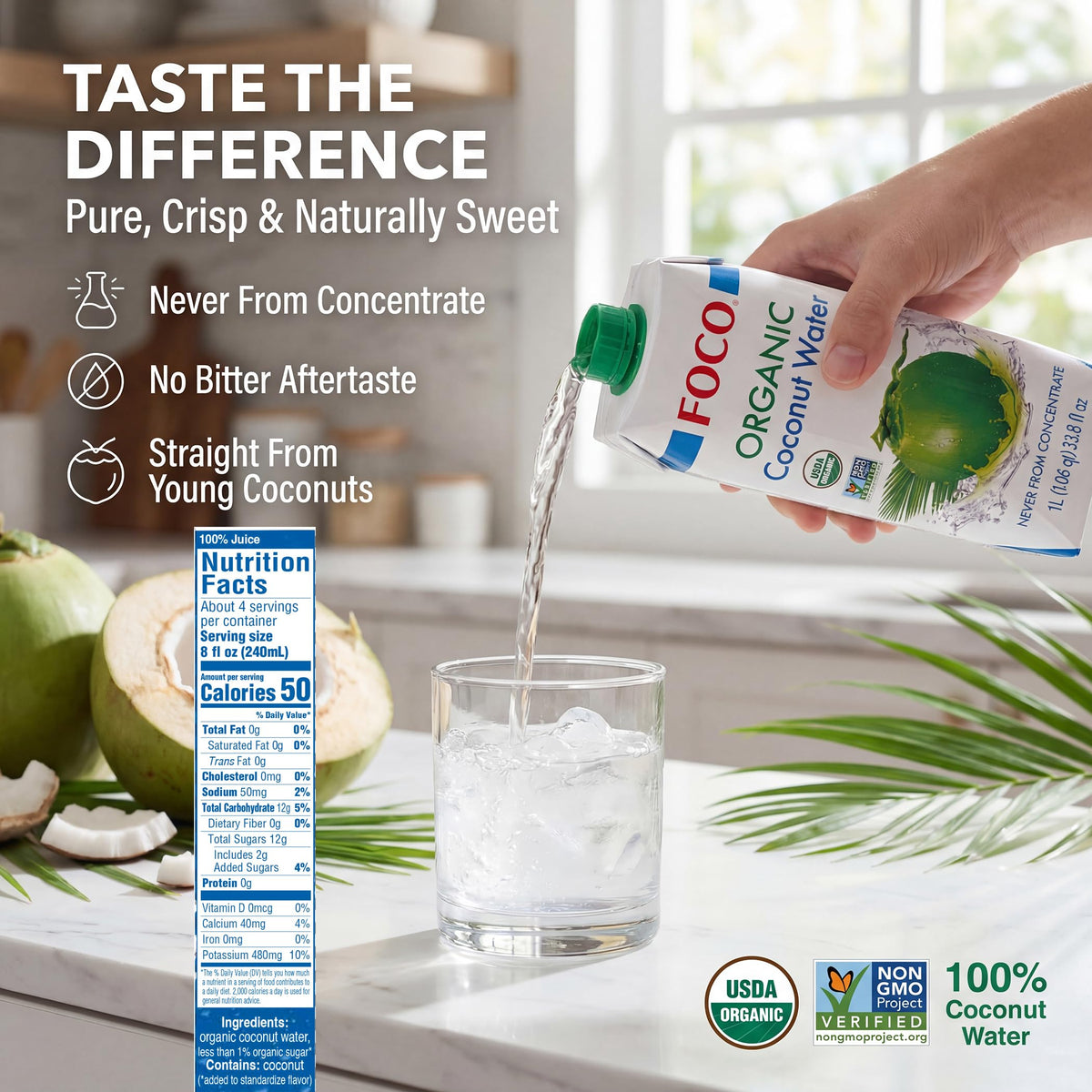 FOCO coconut water being poured into a glass for refreshing hydration