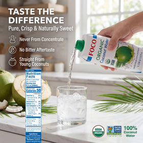 FOCO coconut water being poured into a glass for refreshing hydration