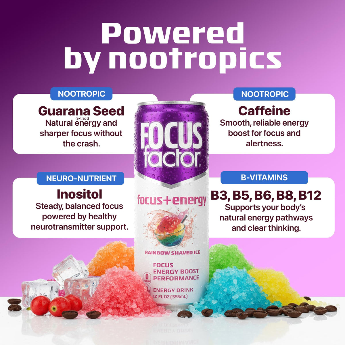 Focus Factor Energy cans on a desk for quick alertness during busy workdays