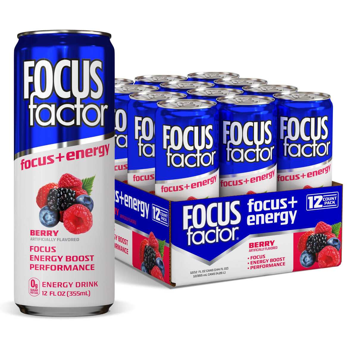 Focus Factor Berry energy drink can front view highlighting refreshing flavor and energy boost.