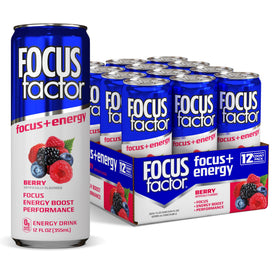 Focus Factor Berry energy drink can front view highlighting refreshing flavor and energy boost.