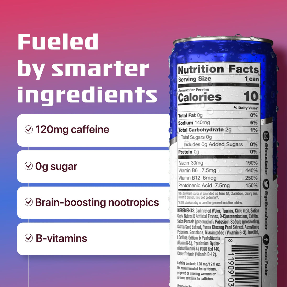Focus Factor Berry can side view showing sugar-free, low-calorie formula.