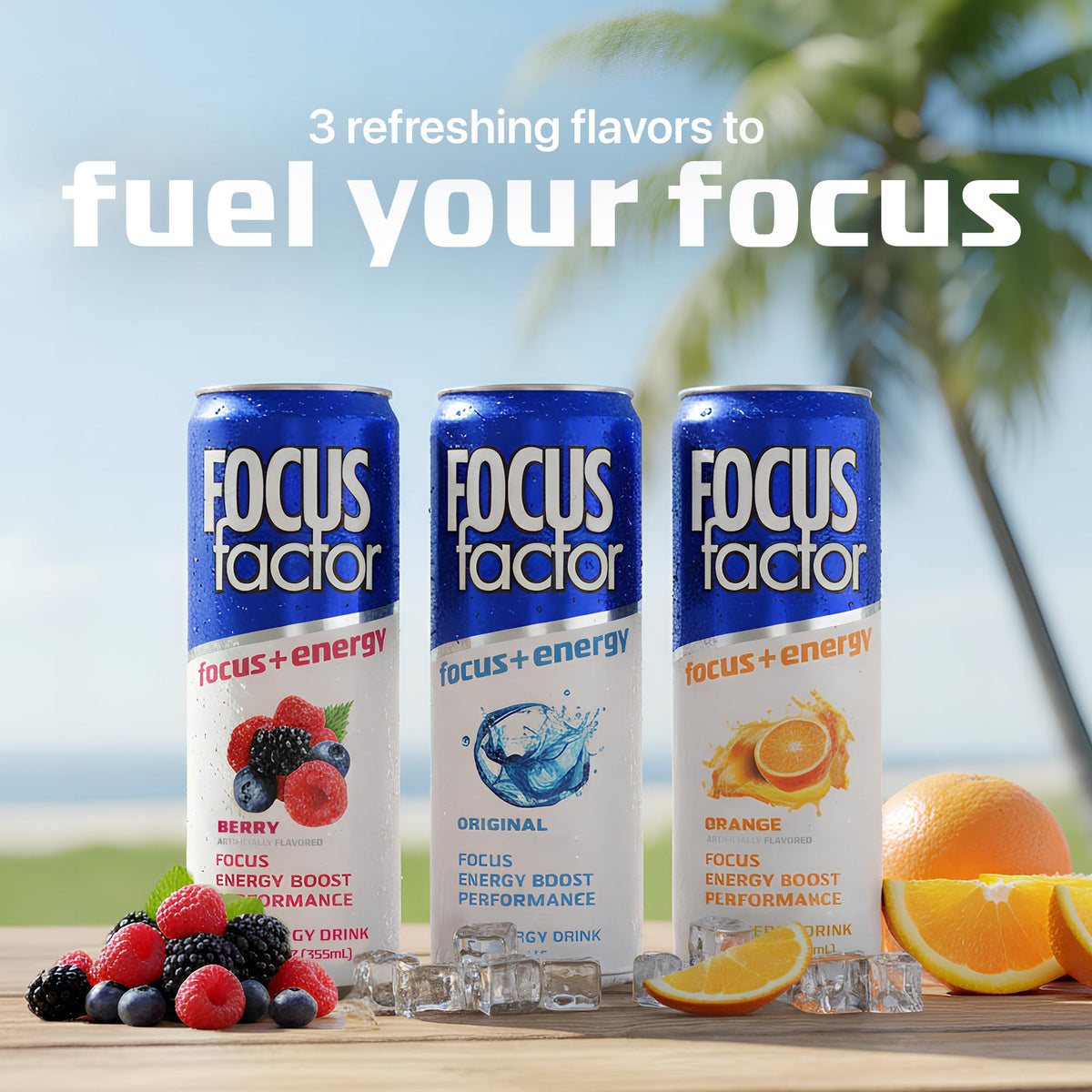 Focus Factor Berry cans on a desk suggest quick alertness during meetings.