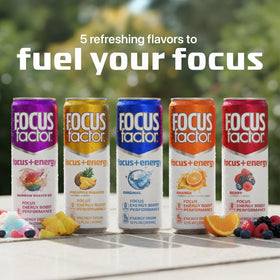Focus Factor Energy Drink label close-up emphasizes vitamin B6 and B12 benefits.