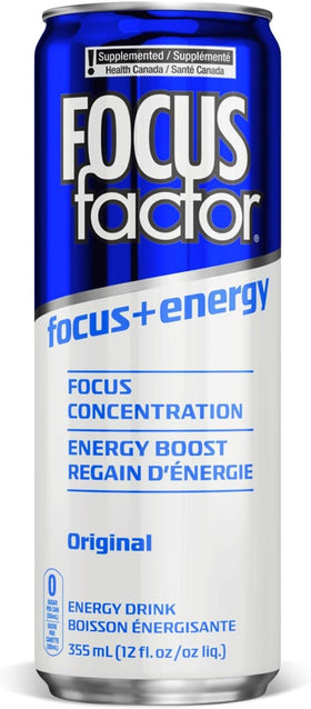 Focus Factor Energy Drink original can back label highlighting B6 and B12.