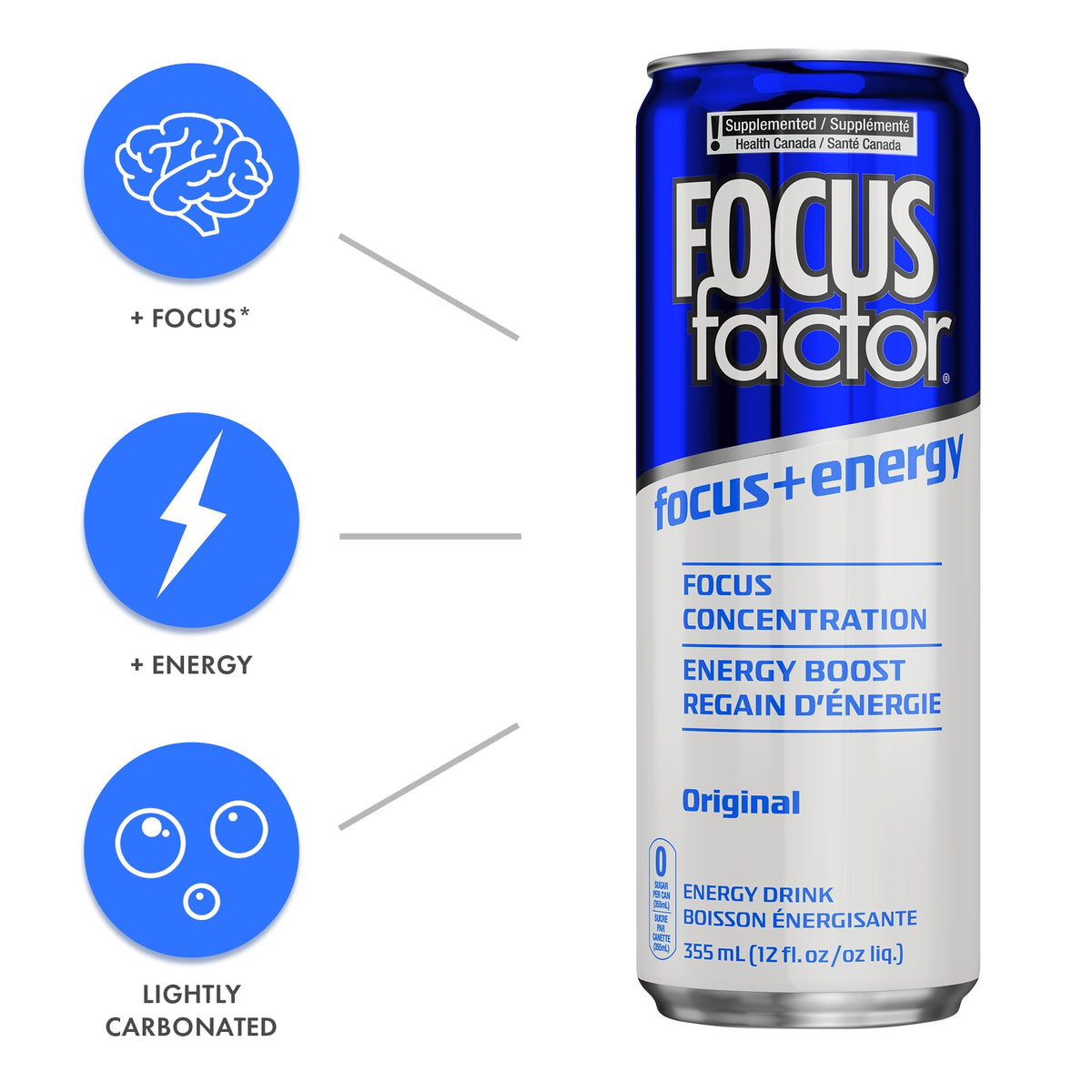 Focus Factor Energy Drink glass with ice highlighting light carbonation and smooth finish.