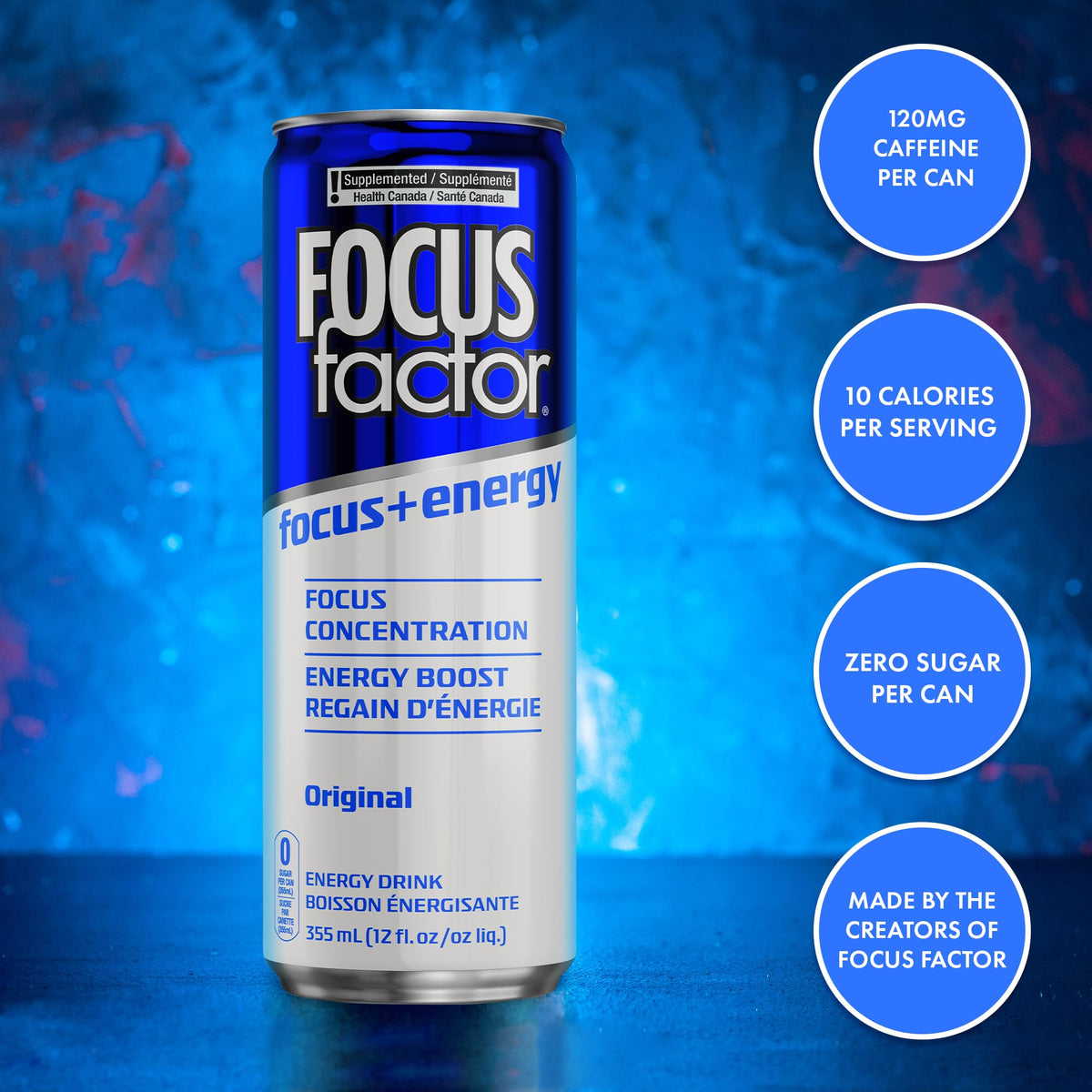 Focus Factor Energy Drink six-pack display emphasizing on-the-go convenience.
