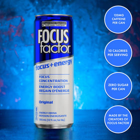 Focus Factor Energy Drink six-pack display emphasizing on-the-go convenience.