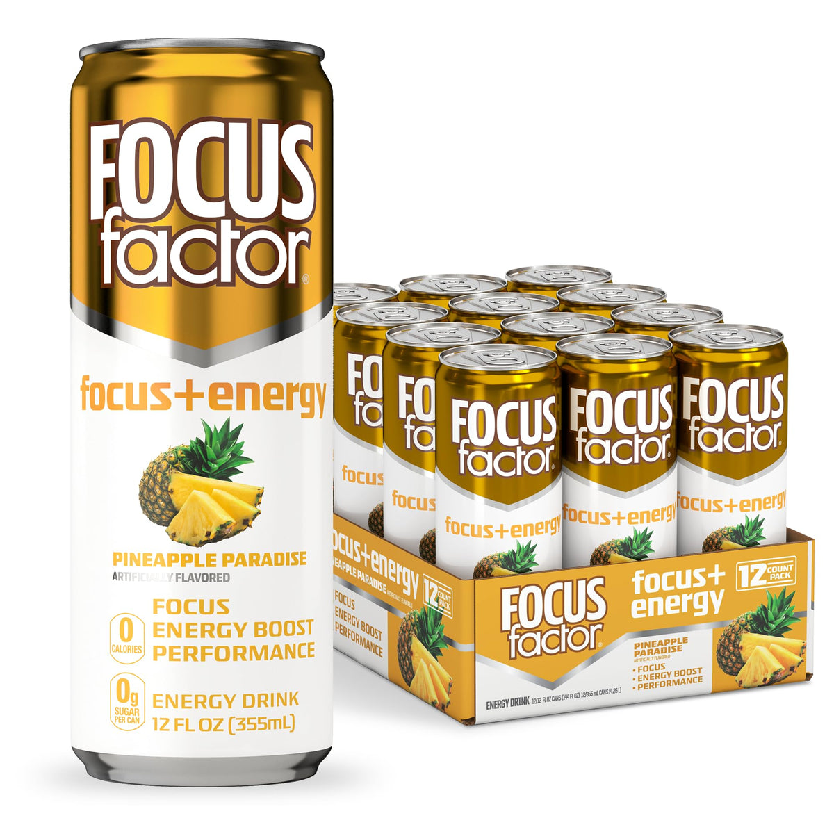 Focus Factor Energy Drink Pineapple Paradise bottle close-up for on-the-go focus.