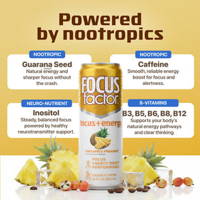 Focus Factor Energy Drink Pineapple Paradise can front view highlighting sugar-free formula.