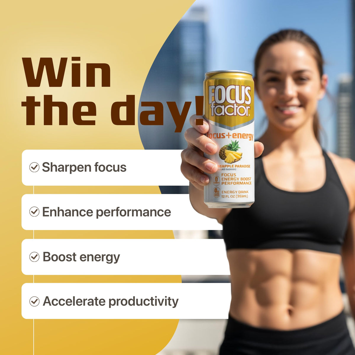 Focus Factor Energy Drink Pineapple Paradise pour shot capturing refreshing tropical aroma.