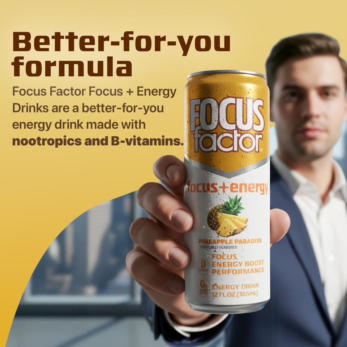 Focus Factor Energy Drink Pineapple Paradise variety pack flavors display on shelf.