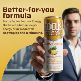 Focus Factor Energy Drink Pineapple Paradise variety pack flavors display on shelf.